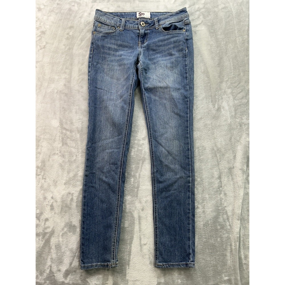 So Jeans Womens/Girls Sz‎ 3 Blue Skinny Whiskered Faded Stretch Low Rise Denim